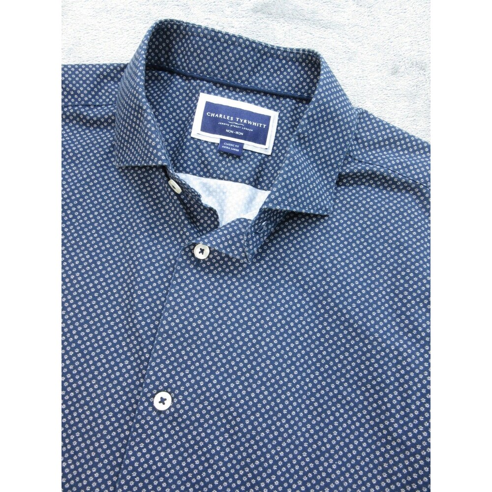 Charles Tyrwhitt Shirt Men's Sz XL Classic Fit Non-Iron Floral Print Blue Preppy